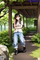 A woman standing in front of a gazebo talking on a cell phone.